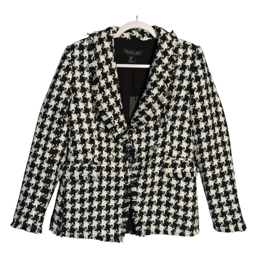 Rachel Zoe NWT Sz S Houndstooth Tweed Blazer‎ Jacket Black&White Fringe Metallic